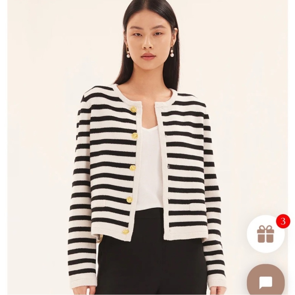Goelia Button Up Striped Woolen Cardigan black white striped Wool Sweater Sz XL